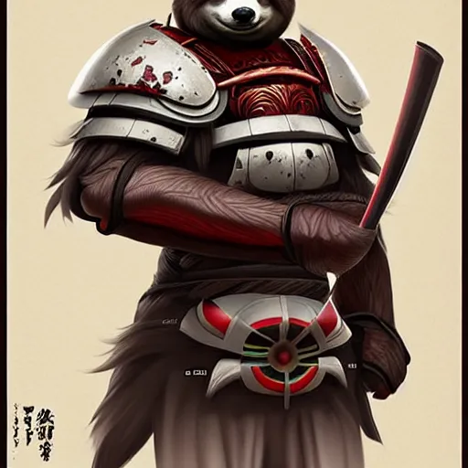 Image similar to graphic, hyperreal illustration of anthropomorphic sloth in traditional samurai armor : : digital art, concept art, character development : : illustrated by artgerm