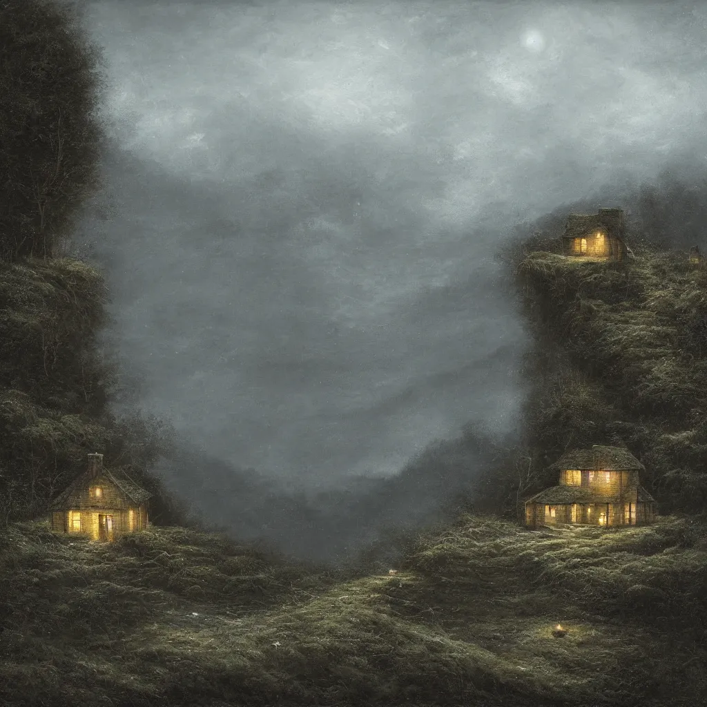 Prompt: A singular rotting cottage on a mountaintop at night, by Lee Madgwick, hyperrealistic, V-Ray 8k UHD