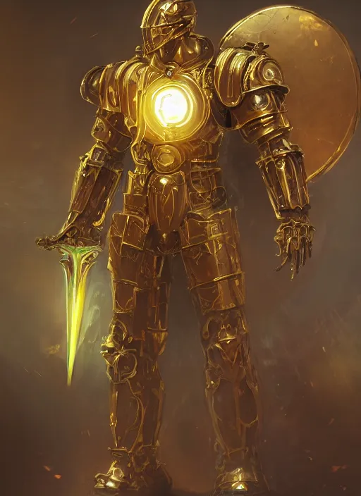 Prompt: dynamic attack position abstract portrait of a intricate glorious holy mechanical warforged character in yellow armor holding a paladin engraved great longsword drawn and carrying a big paladin shield, glowing eye, face in focus, epic , trending on ArtStation, masterpiece, cinematic lighting, by Ross Tran and by Greg Rutkowski