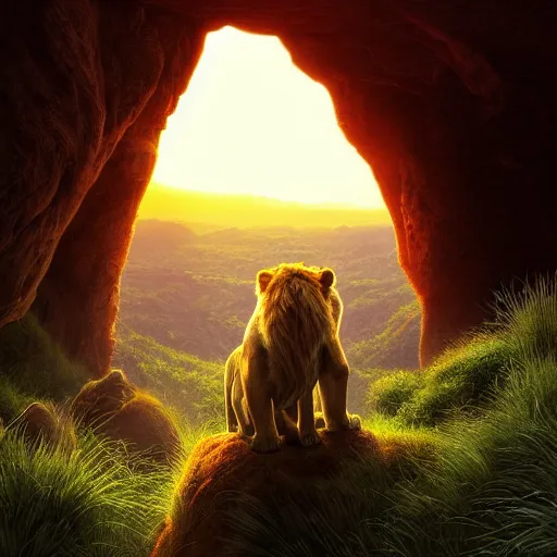 Prompt: the lion king watching the sunset from a cave, digital art, trending on artstation, HDR