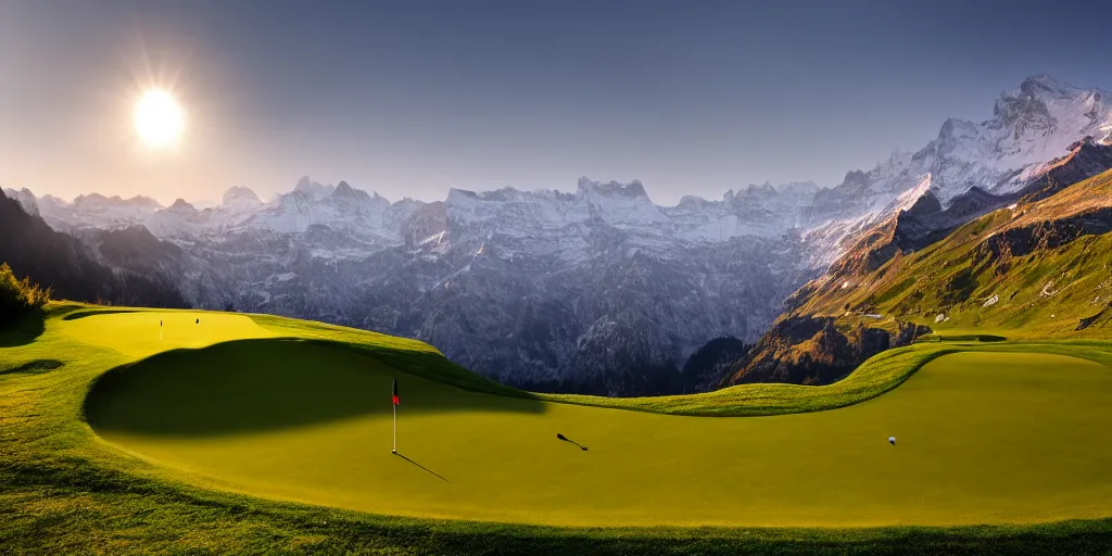 Image similar to a great photograph of the most amazing golf hole in the world, perfect light, over a cliff, in the swiss alps, high above treeline, ambient light, 5 0 mm, golf digest, top 1 0 0, fog