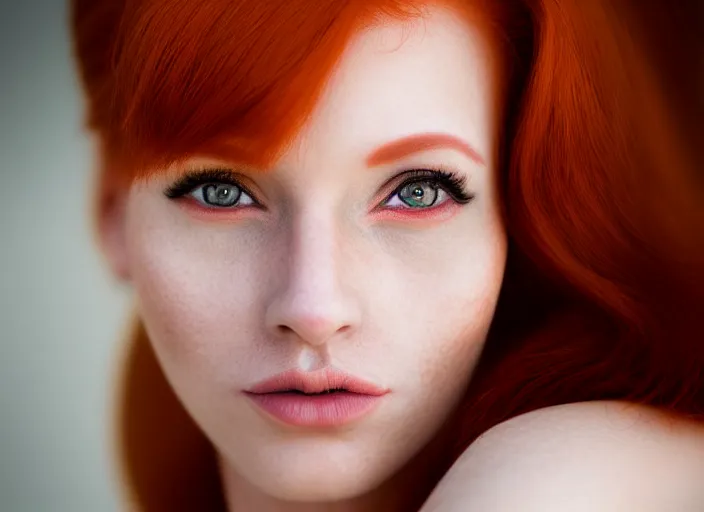 Image similar to 5 5 mm portrait photo of a redhead woman's face with ( intricate cat eyes )!!. highly detailed 8 k. intricate. lifelike. soft light. nikom d 8 5 0. cinematic post - processing