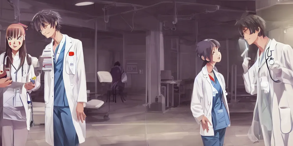 Image similar to a cute and beautiful young female doctor wearing white coat are talking with a handsome young man wearing white coat in a hospital ward, highly detailed, digital painting, slice of life anime, illustration, anime scenery by Makoto shinkai