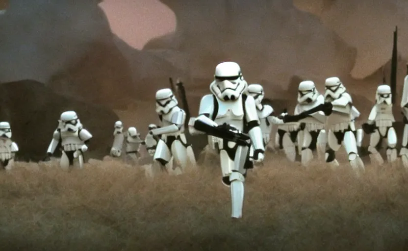 Image similar to screenshot from a scene of stormtrooper graveyard the lost jedi missing star wars film, 1980s film by Stanley Kubrick, moody lighting, stunning cinematography, hyper-detailed, sharp, anamorphic lenses, kodak color film, 4k