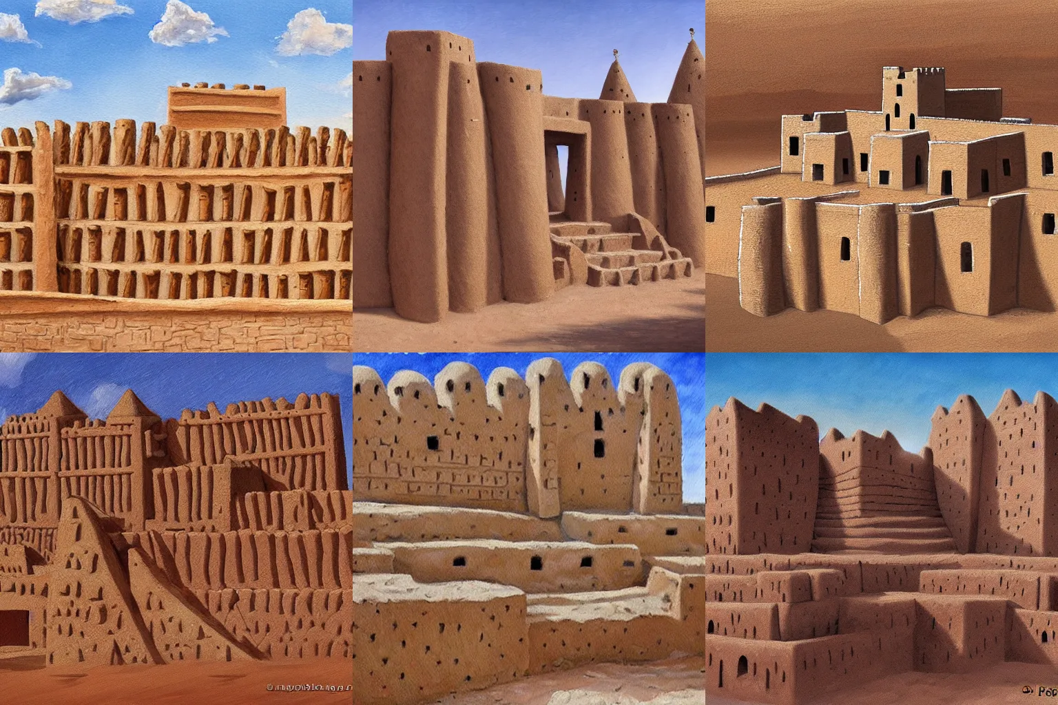 Prompt: high quality realist painting of a west african fortress made of mud bricks, timbuktu very detailed, digital art.