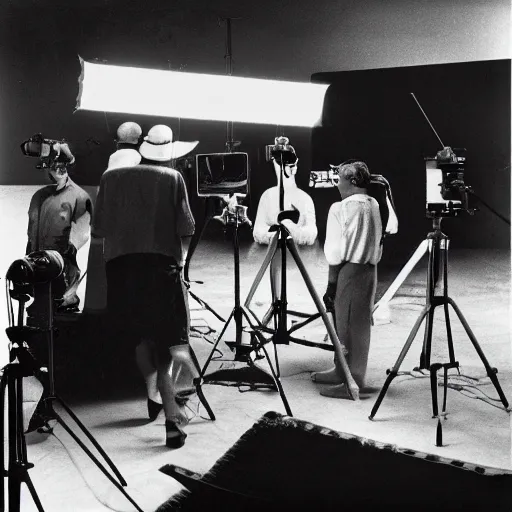 Image similar to Behind the scenes photo of the filming of a movie set on Venus, 1956, black and white, film grain