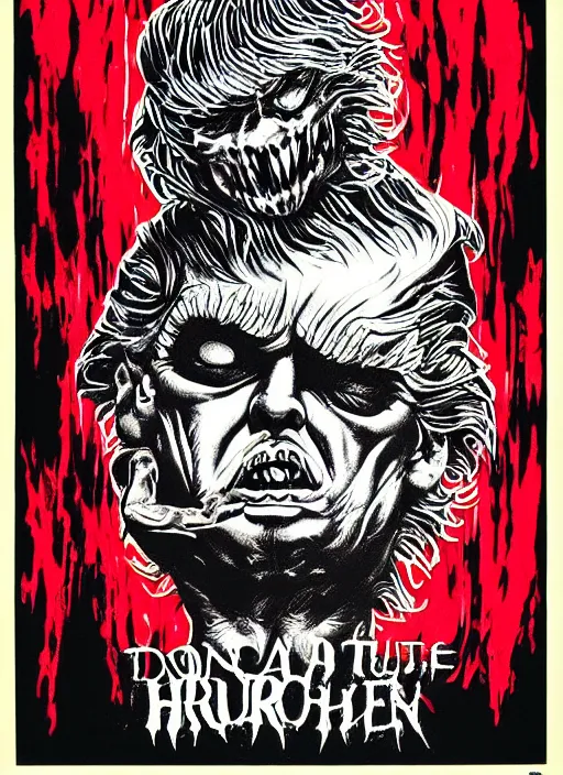 Image similar to Donald Trump's disgusting true form on a 1990s horror movie poster, inking, vintage 90s print, detailed, scary, horror, screen print, trending on artstation