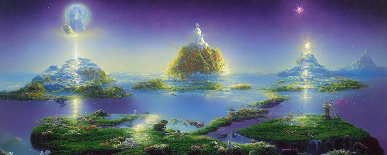 Image similar to a visionary art painting by gilbert williams of a sparkling floating island realm