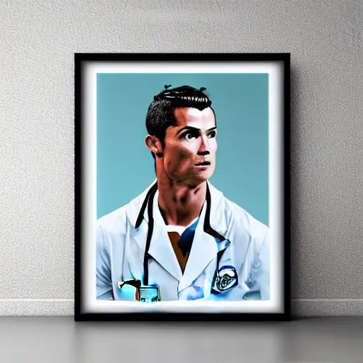 Image similar to cristiano ronaldo as doctor, accurate, 30mm, face, soft colours, dramatic lighting, nikon