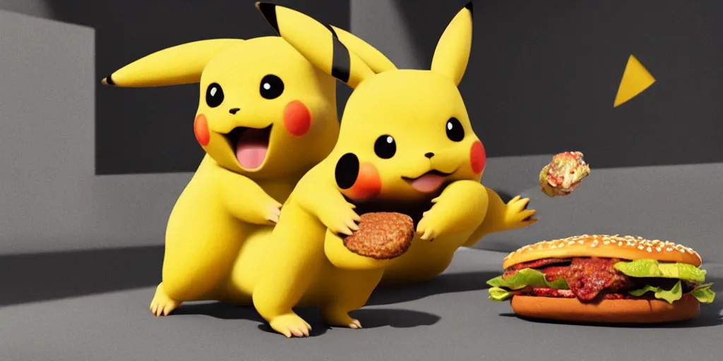 Prompt: a realistic Pikachu with furr eating a hamburger, digital art, close shot, highly detailed, hyperrealistic, photorealistic, unreal engine 5, made by a professional 3d artist, dynamic lighting, trending on artstation, 4k uhd, epic composition