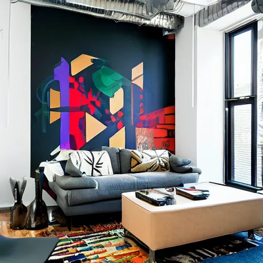 Prompt: trendy downtown loft with modern murals on the wall, modern art and patterns, interior design, juxstapoze magazine