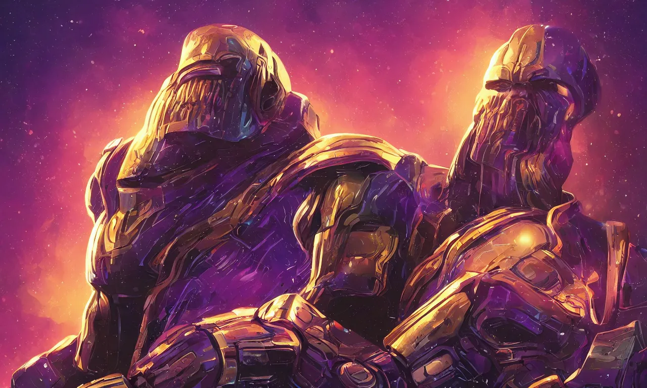 Prompt: alena aenami artworks of thanos with gauntlet in 4 k