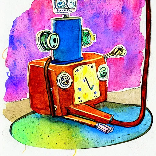 Prompt: a children's book watercolor illustration of a broken robot