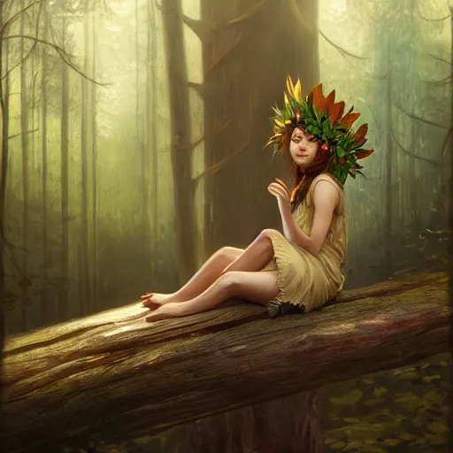 Prompt: forest girl, leaf crown, sitting on a log, in a forest, by Greg Rutkowski, trending on artstation, unreal engine, 4k, digital art