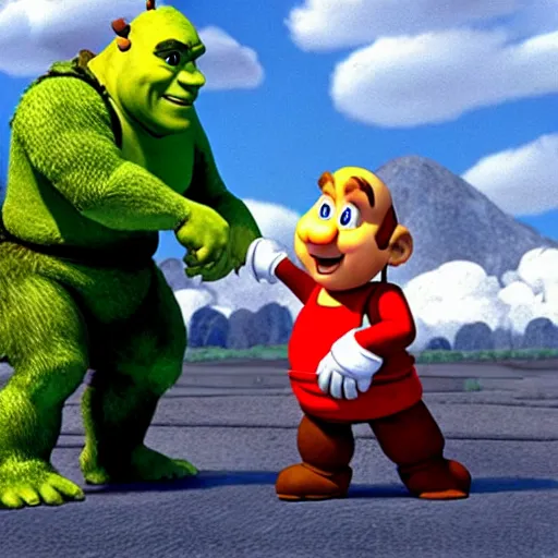 Prompt: A still of Shrek meeting Super Mario for the first time in Shrek (2001) by Dreamworks