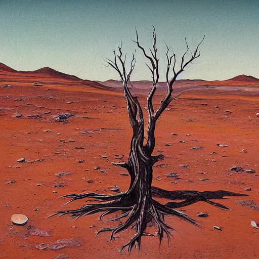 Prompt: A lone dead tree on Mars, canyon, classic painting, award winning, highly detailed