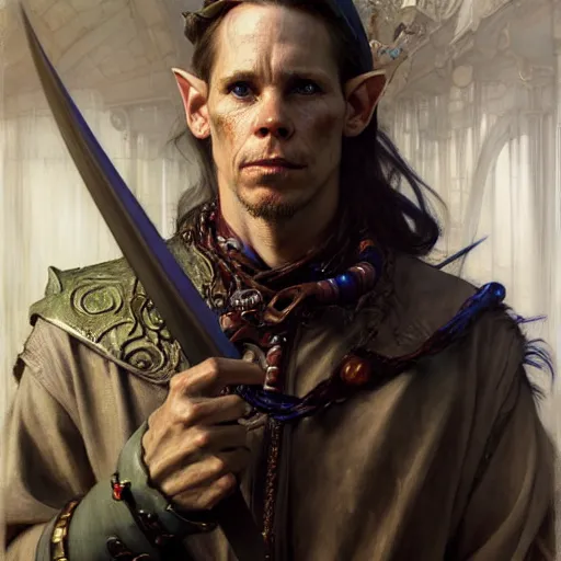 Image similar to highly detailed portrait of a poor thief in the form of a beautiful male elf, d & d. art by donato giancola, eugene delacroix, ruan jia, carl larsson, peter mohrbacher. trending on artstation, intricate details, energetic composition, concept art, illustration, elegant art, global illuminaition, face of kevin bacon