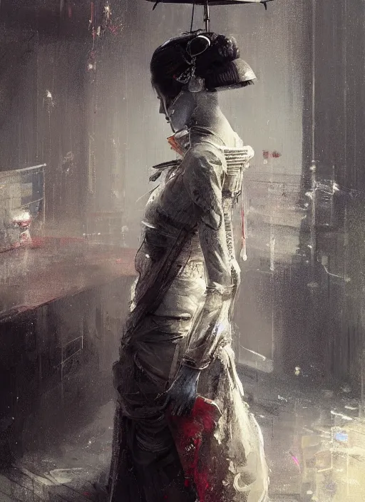 Image similar to female geisha robot, rule of thirds, intricate outfit, spotlight, by greg rutkowski, by jeremy mann, digital painting