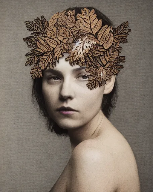 Prompt: a woman's face in profile, wearing a vintage motorcycle helmet made of intricate delicate leaf skeleton, in the style of the dutch masters and gregory crewdson, dark and moody