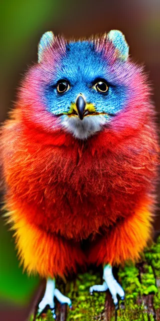 Prompt: a dlsr canon shot of a fuzzy cutest little bird - vibrant colors full body, centralized, colored fur, vibrant ultrareal, zeiss lens, centralized, colored fur, vibrant colors, hdr, photorealistic, ultrareal, zeiss lens, depth of field