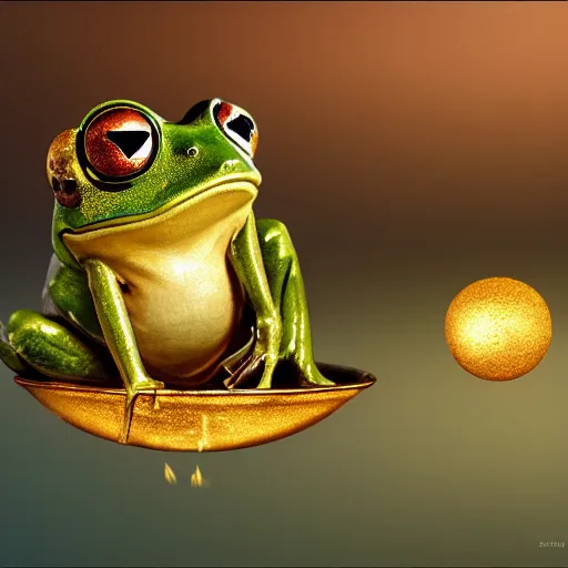 Image similar to a cute frog throws golden metal balls into a cup of coffee, by esao andrews, by m. w. kaluta, volumetric light, rich colors, very humorous oil painting, realistic reflections, smooth, concept art, depth perception, high depth of field, 4 k, unreal engine 5, ultradetailed, hyperrealistic, artstation