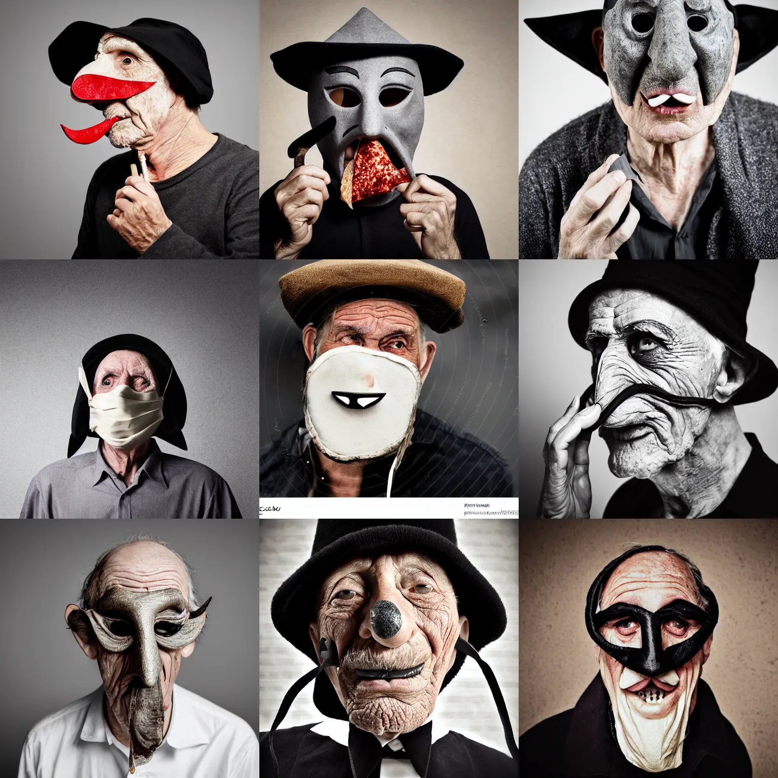 Prompt: portrait photo of an old man, wrinkles, moody, sinister looking, long nose, crooked nose, large open mouth, black pulcinella masquerade mask, pointy conical hat, white wrinkled shirt, side view, muted colors, eating pizza, black background, close - up, skin blemishes, acclaimed, nikon 5 0 mm, expensive masterpiece