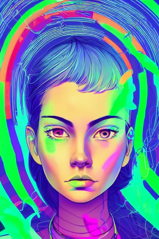 Image similar to a award winning portrait of a beautiful woman with stunning eyes in a one off shoulder croptop and cargo pants with rainbow colored hair, outlined by whirling illuminated neon lines and fine lines swirling in circles by ilya kuvshinov, digital art, trending on artstation