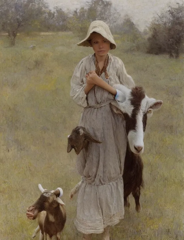 Image similar to portrait of peasant girl pet a goat, cottage core, cinematic focus, polaroid photo bleached vintage pastel colors high - key lighting, soft lights, foggy, by steve hanks, by lisa yuskavage, by serov valentin, by tarkovsky, 8 k render, detailed, oil on canvas