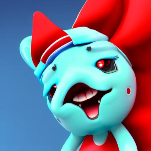 Image similar to a cute cyan crystal character design wearing a red cloth strip on top, 4K HD, 3D render