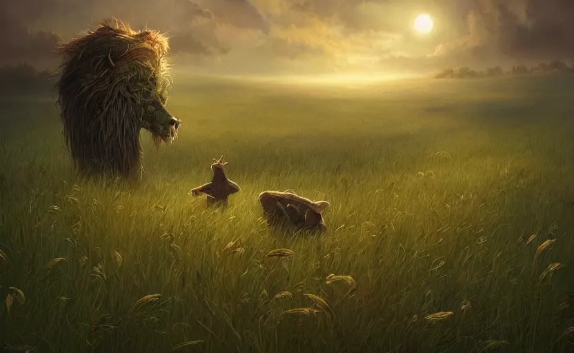 Prompt: A creature in a field, beautiful, warm dynamic lighting, atmospheric, cinematic, highly detailed digital art, painted by Scott Musgrove