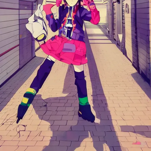 Image similar to anime girl with eccentric clothes, eccentric hairstyle, cel - shading, 2 0 0 1 anime, flcl, jet set radio future, golden hour, underground facility, underground tunnel, pipes, rollerbladers, rollerskaters, cel - shaded, jsrf, strong shadows, vivid hues, y 2 k aesthetic