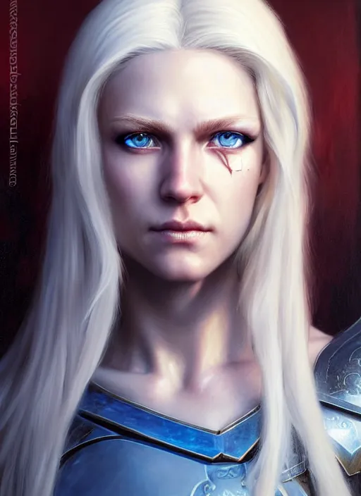 Image similar to a _ fantasy _ style _ portrait _ painting _ of white female paladin with blonde hair and blue eyes, scar under left eye, holy oil _ painting _ unreal _ 5 _ daz. _ rpg _ portrait _ extremely _ detailed _ artgerm _ greg _ rutkowski _ greg