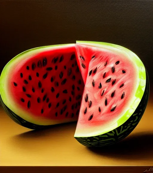 Prompt: portrait of a watermelon sitting upon a table with heightened detail, poised, intense emotion, detailed facial expression, detailed surroundings, intricate, elegant, highly detailed, centered, digital painting, artstation, concept art, smooth, sharp focus, illustration, by ( leonardo da vinci ), wlop