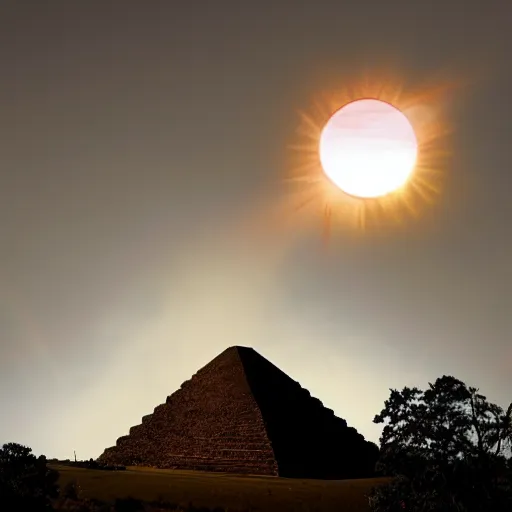 Prompt: Aztec pyramid, during an eclipse, with fires raging around