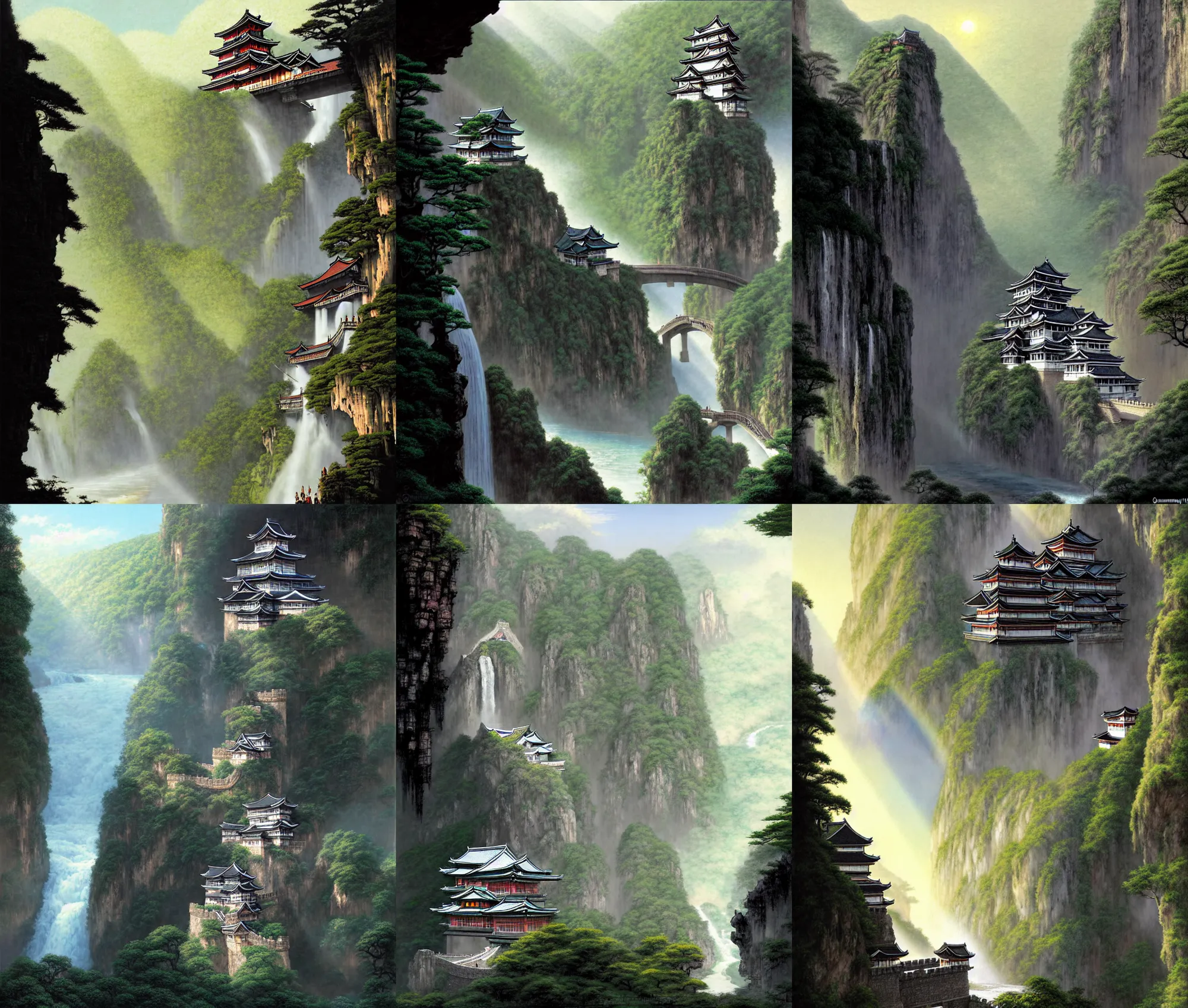 Prompt: establishing wide shot inside han son doong with waterfalls on either side of the cliff walls, at the top of the cliff is a japanese castle, a cloister is built into the cliff walls, an old suspension bridge spans the walls, sunny morning light, sunbeam, detailed digital concept art by gerald brom and james gurney