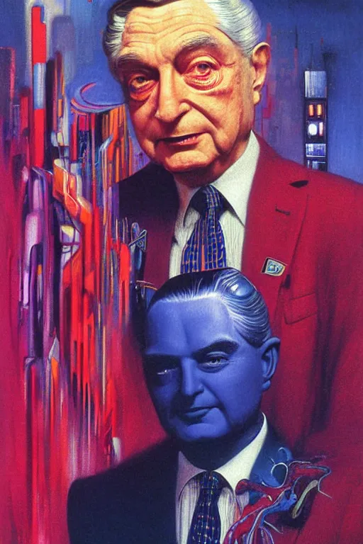 Image similar to 8 0 s art deco portrait of george soros, like a dream oil painting curvalinear clothing cinematic dramatic cyberpunk textural fluid lines otherworldly vaporwave interesting details fantasy lut epic composition by basquiat zdzisław beksinski james jean artgerm rutkowski moebius francis bacon gustav klimt