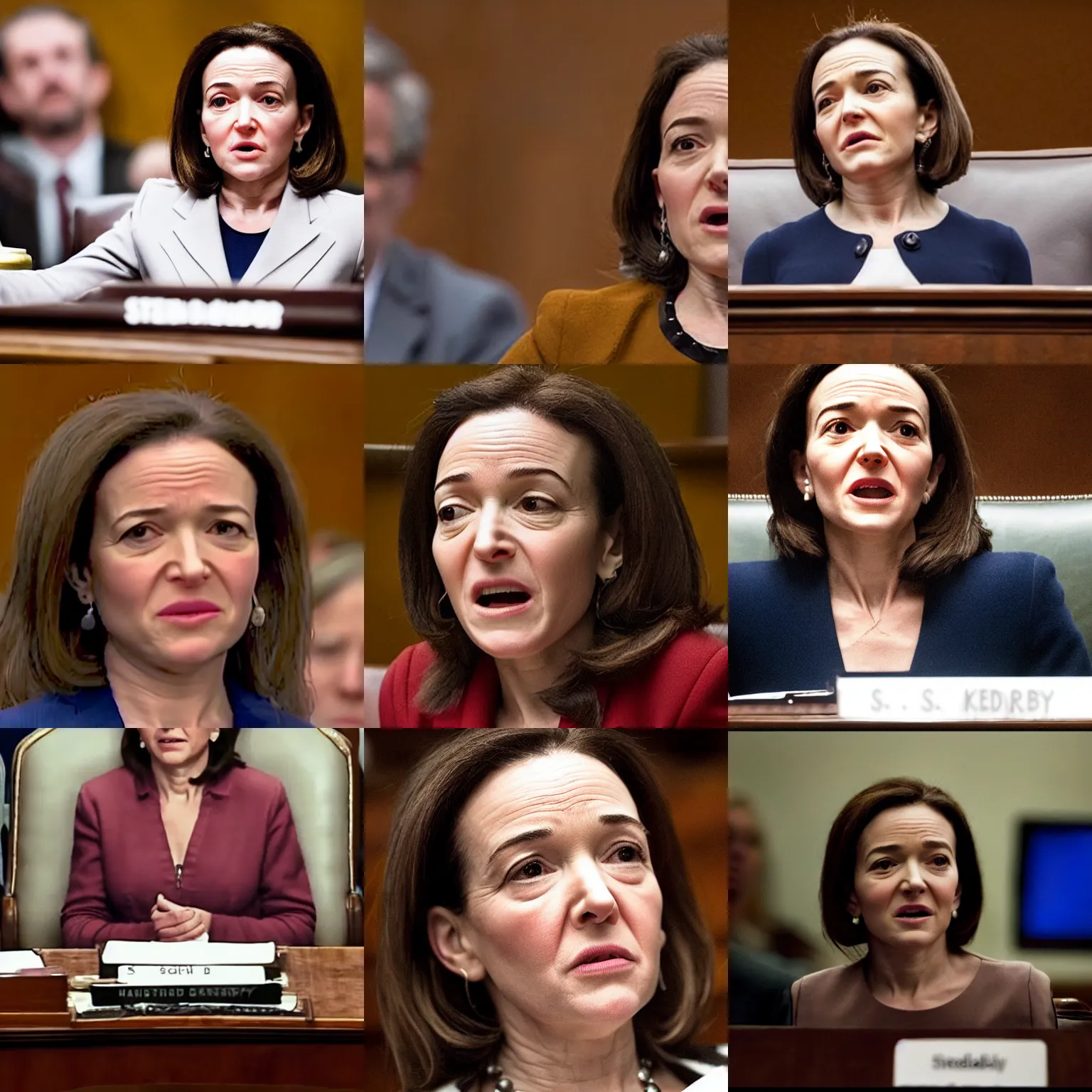 Prompt: Movie still of a tired, old, and ugly Sheryl Sandberg testifying in Congress in Facebook The Movie (2017), directed by Steven Spielberg