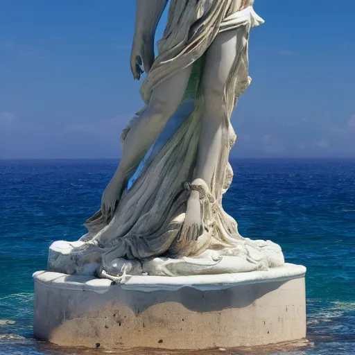 Prompt: Gigantic marble statue of the goddess of the sea on an island, large waves on the shore, fantasy, 8k resolution, ultra detailed -H 1028 -W 1028