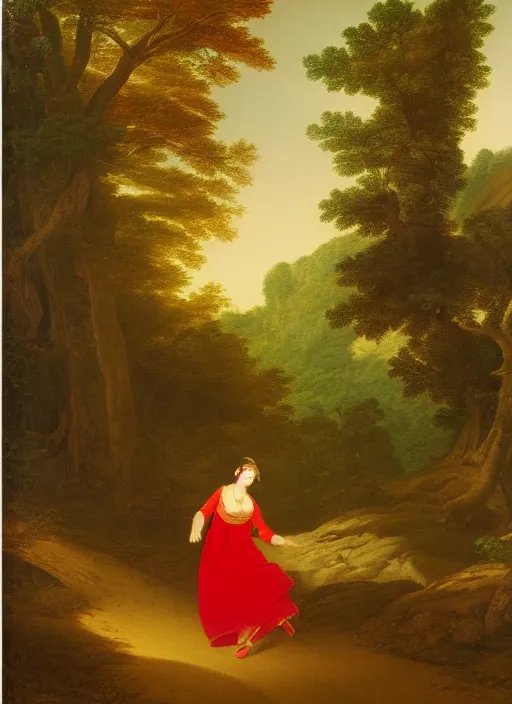 Prompt: a woman in a long dress running in forest, god light, by asher brown durand, by yoshitaka amano