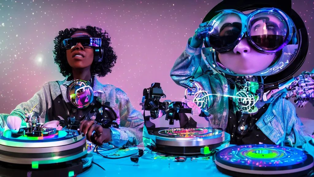 Image similar to a black woman wearing goggles and visor and headphones using an intricate clockwork record player turntable contraption, robot arms, computer screens, turntablism dj scratching, intricate planetary gears, cinematic, sharp focus, led light strips, bokeh, iridescent, black light, fog machine, hazy, lasers, spotlights, light trails, hyper color photograph