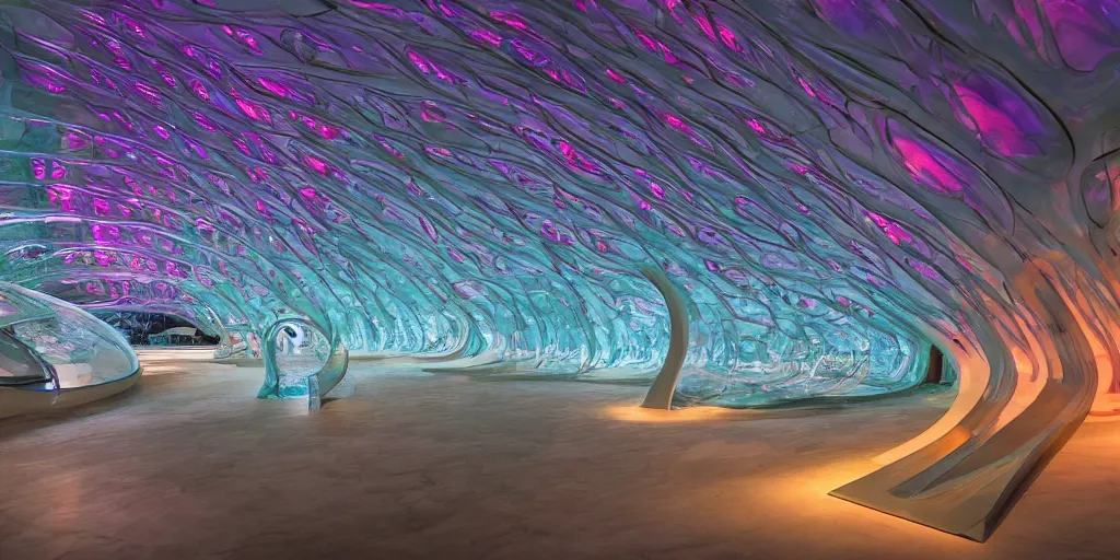 Image similar to extremely detailed awe stunning beautiful futuristic smooth curvilinear museum interior, translucent gills, hyper real, 8k, colorful, 3D cinematic volumetric light, atmospheric light