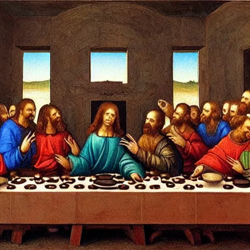 Prompt: The Last Supper, mural painting, Leonardo da Vinci, Cast of Babylon 5.