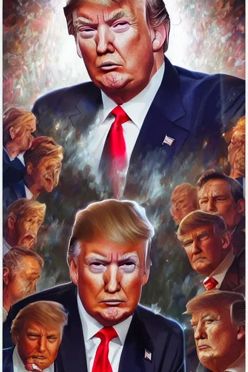 Prompt: photorealistic portrait photograph of donald trump!! with a nuclear missile, handsome, depth of field, soft focus, highly detailed, intricate, realistic, national geographic cover, soft glow, textured, artstation, concept art, sharp focus, illustration, art by artgerm and greg rutkowski and alphonse mucha