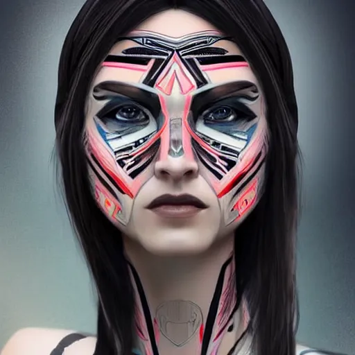 Image similar to a female transformer with tribal paint, flirty eyes, very symmetrical face, highly detailed, by vitaly bulgarov, by steven zavala, by matt tkocz, by shane baxley, transformers cinematic universe, pinterest, deviantart artstation _ h 7 5 0