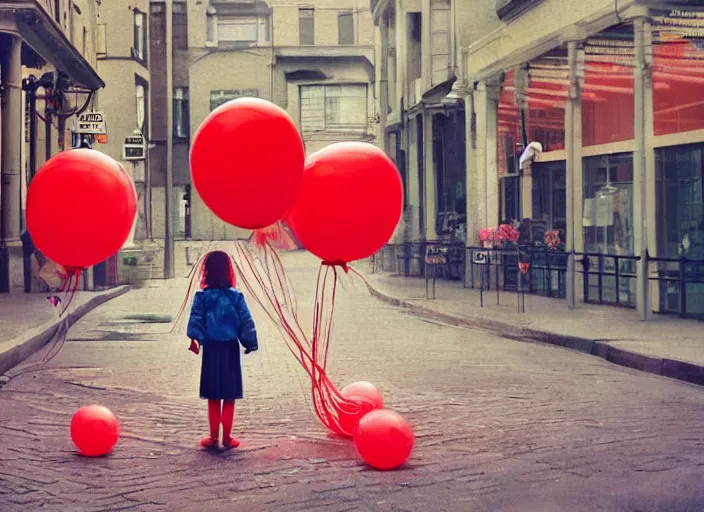 Prompt: wide angle street scene shot todd solondz a young girl holds a large bunch of red balloons by their strings, impressionistic, todd solondz, alphonse mucha, rhads, rebecca guay, artstation, artgerm, octane render,