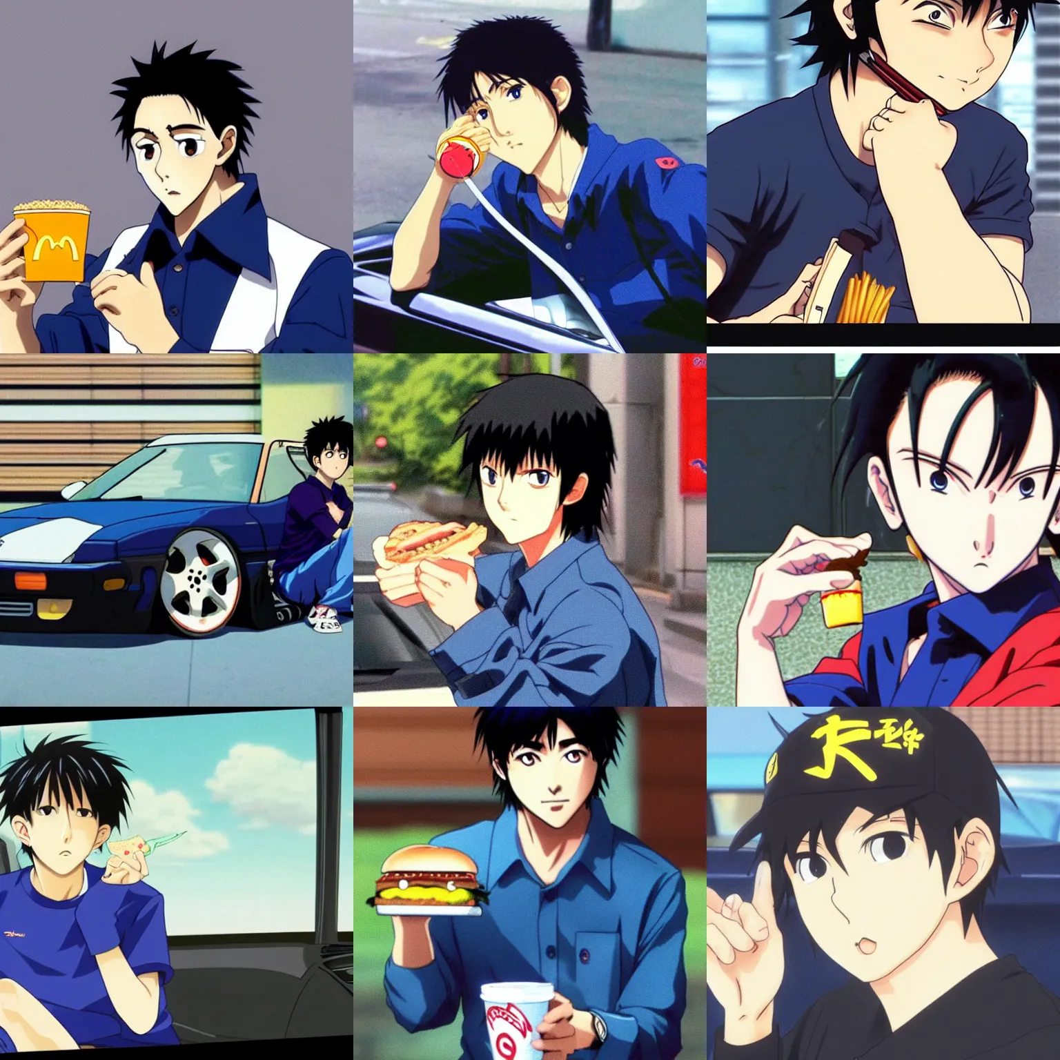 Prompt: very serious ryosuke takahashi with black hair wearing a dark blue shirt eating mcdonald's cheeseburger sitting on his mazda rx 7, initial d anime screenshot, initial d anime 1 0 8 0 p, detailed anime face, 1 9 9 8's anime, high detail, 9 0 s anime aesthetic