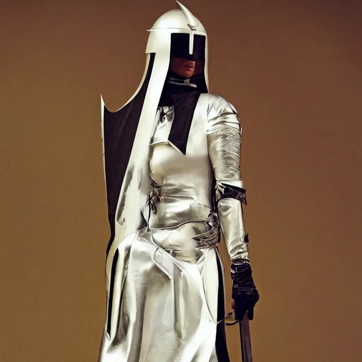 Image similar to teutonic knight, full body, high fashion, latex, rubber, sharp, flowing, slick, highly detailed, motion, concept art, smooth, sharp focus, hd, art by alphonse mucha and caravaggio and annie leibovitz