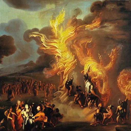 Image similar to baroque painting of burning athens with fire tornadoes