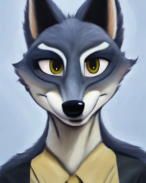 Image similar to oil painting of anthromorphic female wolf, in style of zootopia, female fursona, furry, furaffinity, 4 k, deviantart, furry art, fursona art, wearing black business suit, business suit, wolf fursona, female, very expressive detailed feminine face,