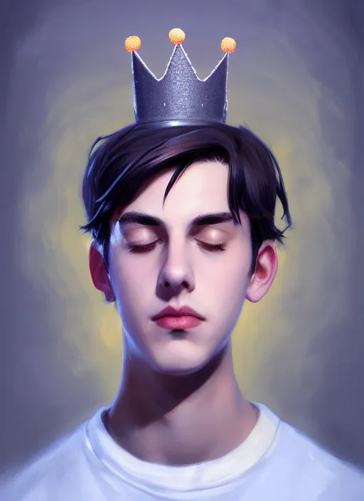 Image similar to portrait of teenage jughead jones wearing a light grey crown, crown, hamburger background, eyes closed, crown, black hair, intricate, elegant, glowing lights, warm lighting, highly detailed, digital painting, artstation, concept art, smooth, sharp focus, illustration, art by wlop, mars ravelo and greg rutkowski